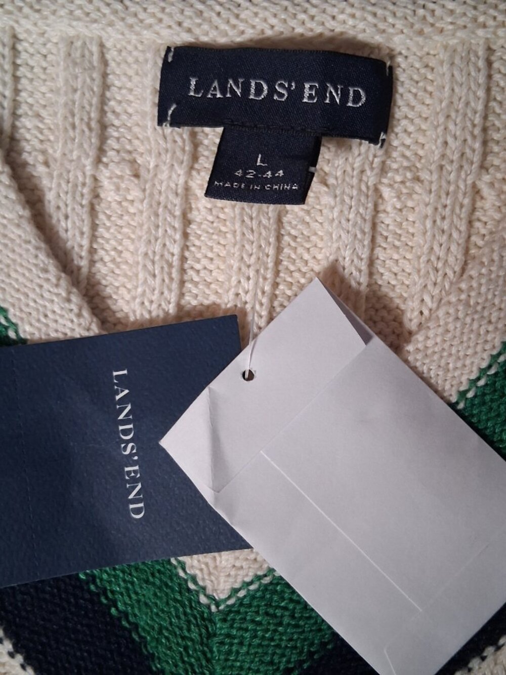 Lands End Sweater Vest Men L V Neck Cable Knit Academia Preppy Ivory Linen Blend - Picture 7 of 13